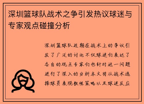 深圳篮球队战术之争引发热议球迷与专家观点碰撞分析